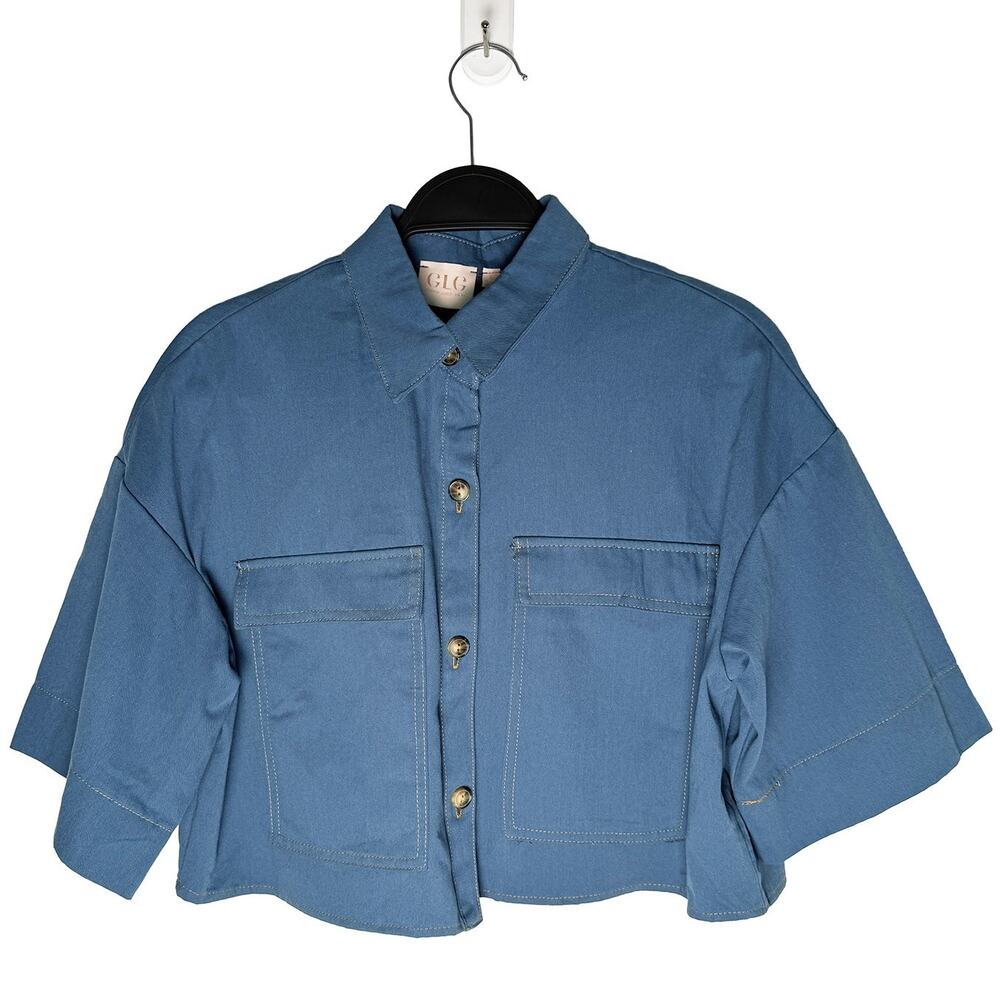 GLG Good Luck Gem Womens Button Up Blue Cotton Crop Top Shacket NWT SHIRT ONLY L